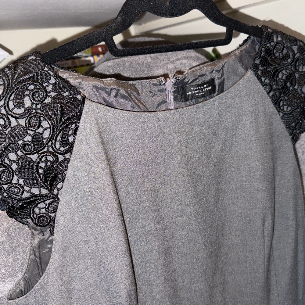 Tahari - Arthur S. Levine grey suit dress with black lace cap sleeves, size 10P
